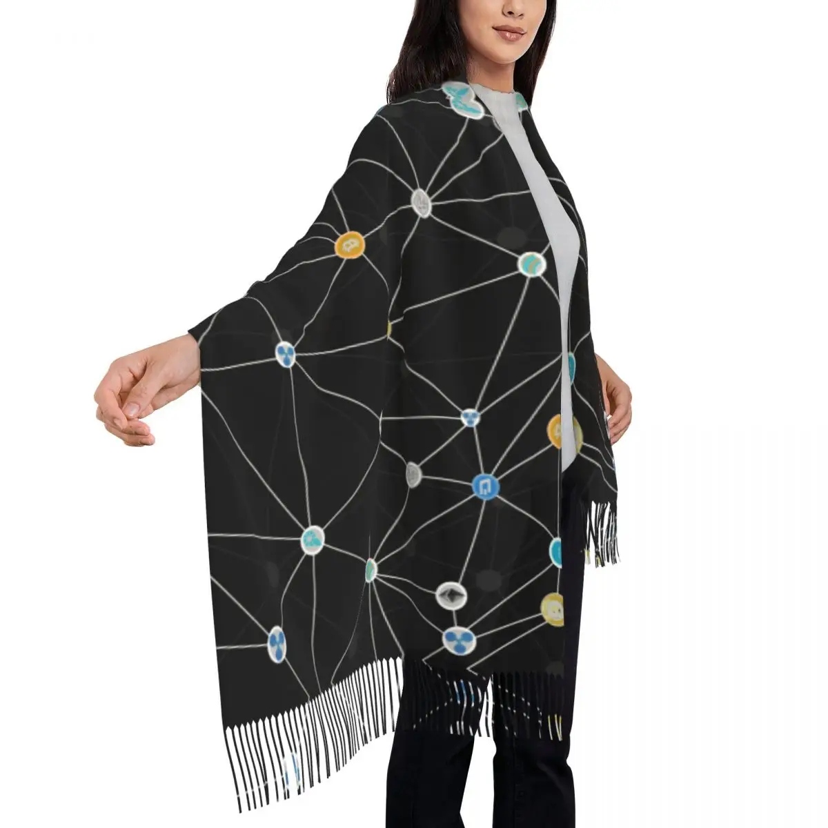 Криптовалютный шарф-накидка для женщин, длинная зимняя теплая шаль с кисточками, унисекс, шарфы для биткойнов, BTC 3