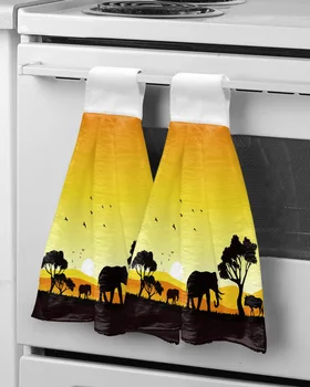 Африканский закат Пейзаж Животное Слон Полотенце для рук в ванной Кухонные Впитывающие полотенца для рук Обычное Подвесное полотенце для вытирания рук