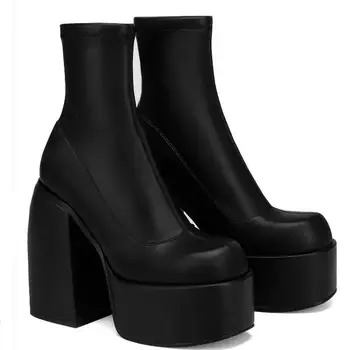 Новые водонепроницаемые женские ботинки на платформе, высоком толстом каблуке, боковой молнии, большие размеры, теплые ковбойские полусапожки, эластичные сапоги, Кожаные ботинки