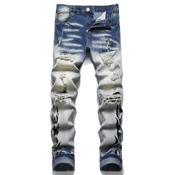 Мужские джинсы с дырками, уличная одежда в стиле панк, Сельма, Рваные джинсовые брюки с принтом пламени, мешковатые брюки, мужская одежда в стиле хип-хоп