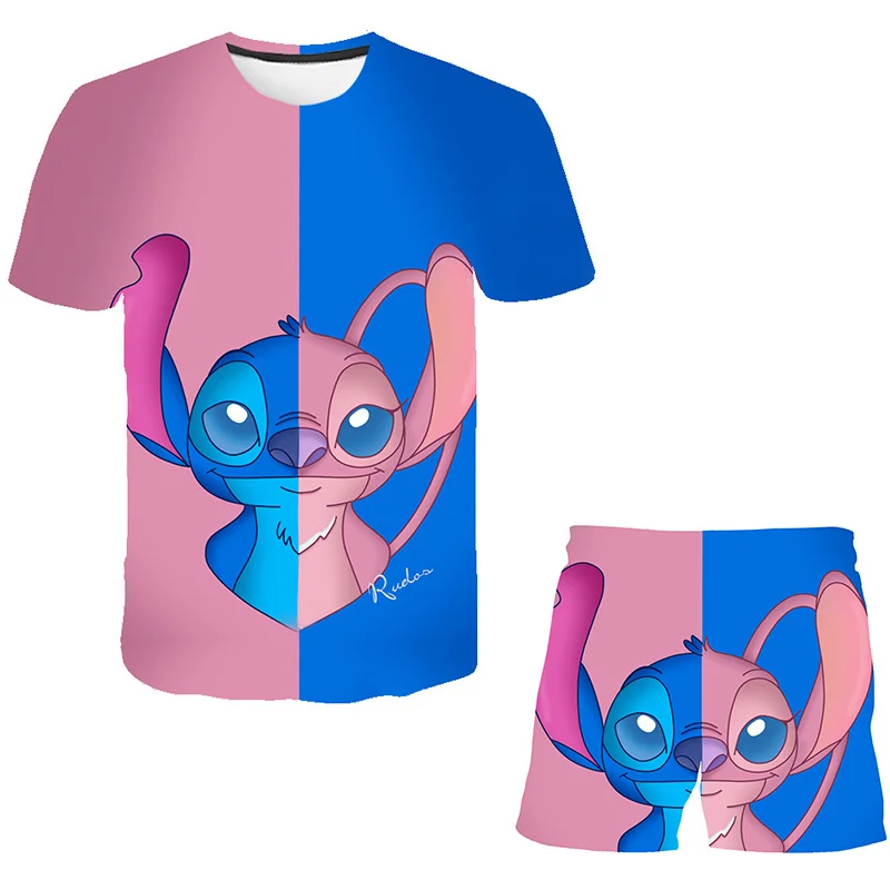 Комплекты одежды с принтом Disney Stitch, Новая летняя футболка с коротким рукавом + повседневные шорты, 2 предмета для детей, комплекты одежды для малышей, наряды 0