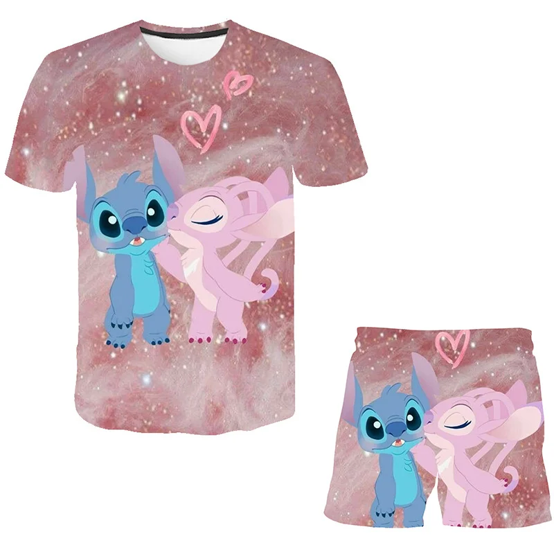 Комплекты одежды с принтом Disney Stitch, Новая летняя футболка с коротким рукавом + повседневные шорты, 2 предмета для детей, комплекты одежды для малышей, наряды 4