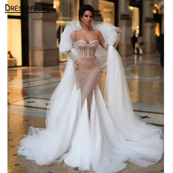 Великолепные свадебные платья русалки со съемным шлейфом С открытыми плечами, кружевное свадебное платье Vestidos с открытой спиной, свадебное платье Дубай 2023