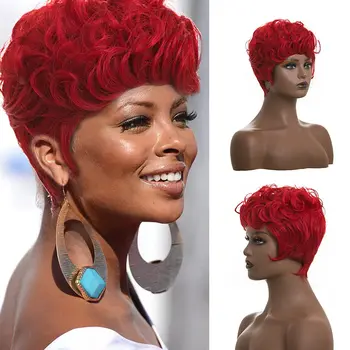 Короткие рыжие синтетические волосы Короткий пушистый волнистый парик с челкой Из натуральных вьющихся волос, сменный парик Пикси для женщин