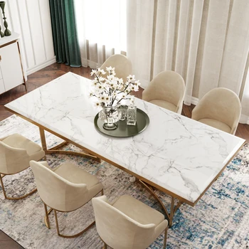 Современный Мраморный обеденный стол с Прямоугольной столешницей на золотистых ножках из нержавеющей стали для Кухни и столовой