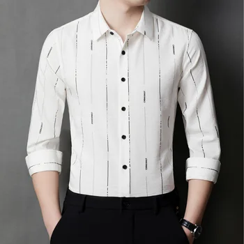 Мужская повседневная тонкая гладильная рубашка большого размера 3XL в бело-черную полоску цвета хаки, уличный топ для молодых мужчин