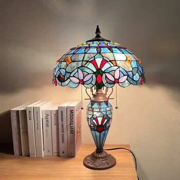 Настольная лампа Tiffany, лампа для чтения книг, 3 лампы с ночником, Синяя настольная лампа в викторианском стиле для домашнего офиса, гостиной, Спальни