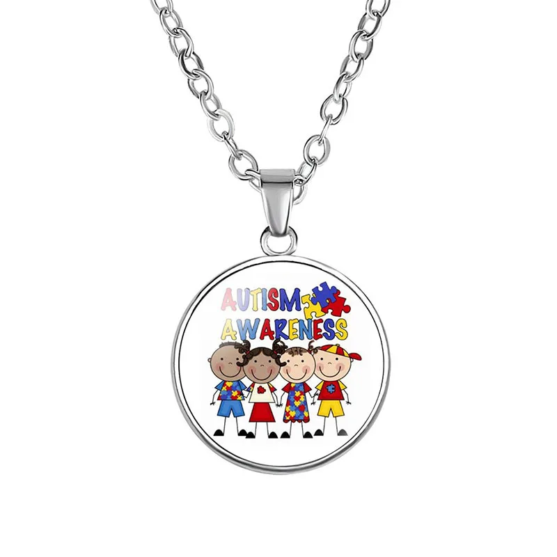 Ожерелье с осознанием аутизма, ожерелье из аутистической цепочки, люди, полные жизни и любви, ювелирные изделия с подвеской из стеклянного кабошона 1