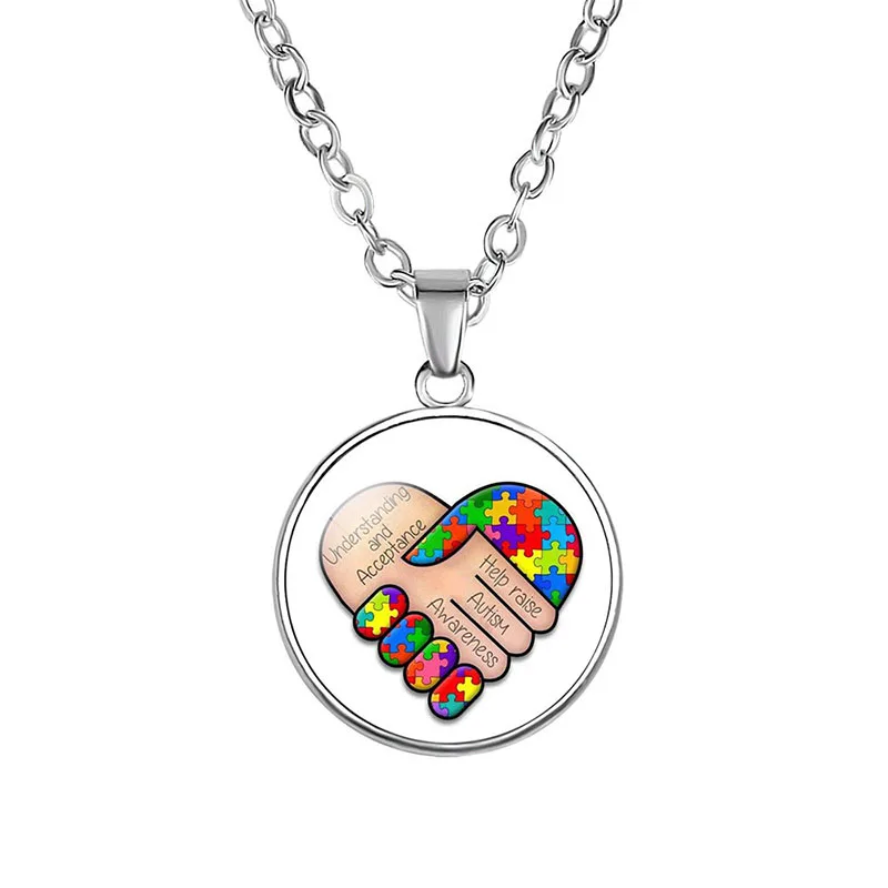 Ожерелье с осознанием аутизма, ожерелье из аутистической цепочки, люди, полные жизни и любви, ювелирные изделия с подвеской из стеклянного кабошона 3