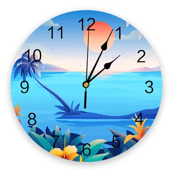 Пляжный Закат Тропические Часы Домашний Декор Гостиной Большие Круглые Настенные часы Без Звука Кварцевые Настольные часы Украшение Спальни Настенные часы