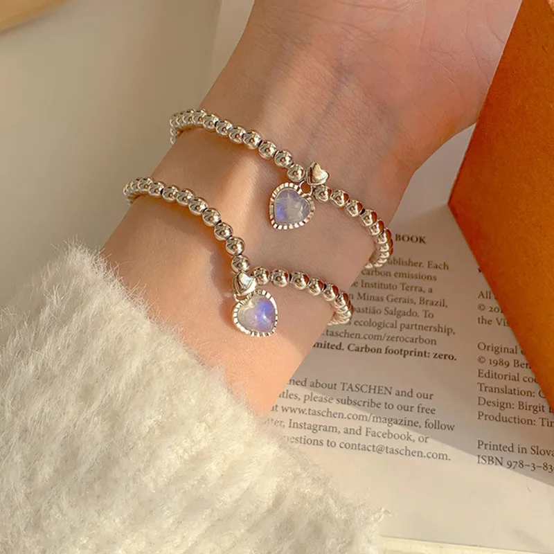 Модные двухслойные браслеты-цепочки с сердечками, Хрустальный браслет-колокольчик из лунного камня, браслет на лодыжке для женщин, ювелирные браслеты, подарки босиком 2