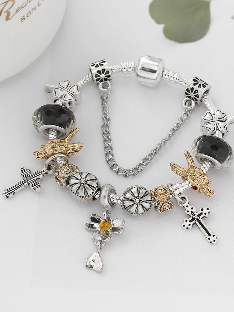 Модный браслет-талисман Lucky Cross, Оригинальный браслет из черного хрусталя, двухцветные бусины в виде Божьей коровки в виде сердца, браслеты для женщин и мужчин 1