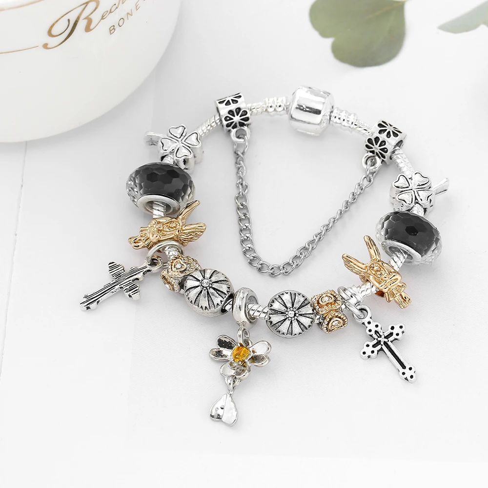 Модный браслет-талисман Lucky Cross, Оригинальный браслет из черного хрусталя, двухцветные бусины в виде Божьей коровки в виде сердца, браслеты для женщин и мужчин 2