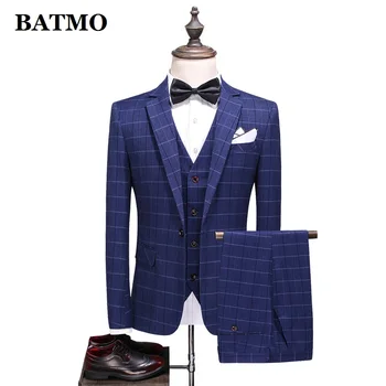 BATMO 2020, новое поступление, мужские повседневные костюмы в клетку высокого качества, мужское свадебное платье, куртки + брюки + жилет, большие размеры S-5XL SJT61