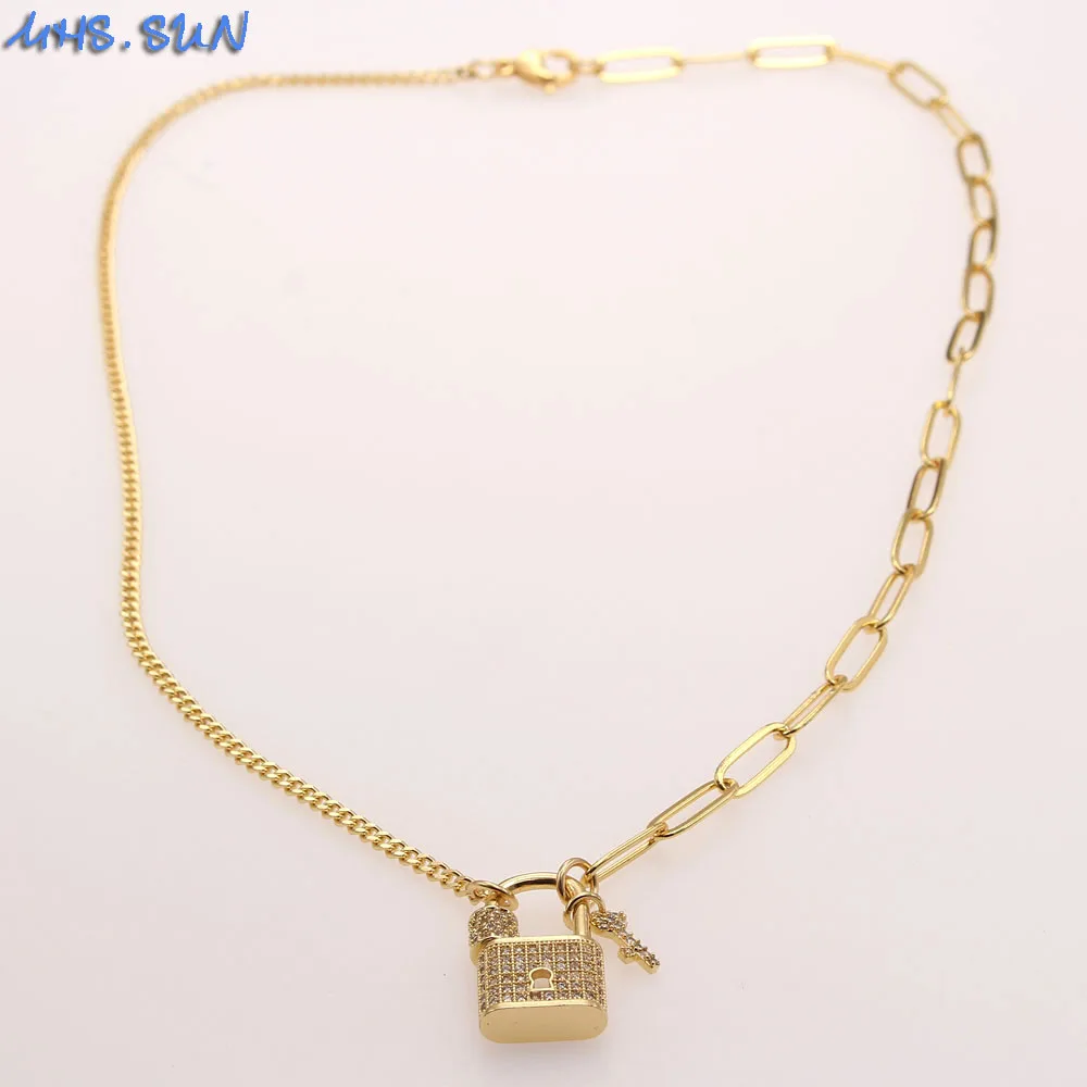 SUNSLL CZ Циркон Модный замок и ключ, Медное Кубинское ожерелье с асимметричной подвеской, ювелирные изделия для женщин, подарок для вечеринки для мужчин 2