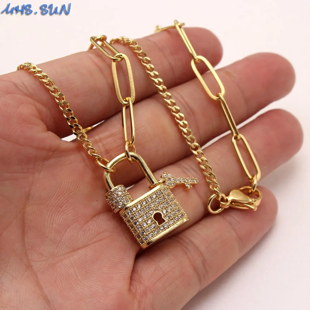 SUNSLL CZ Циркон Модный замок и ключ, Медное Кубинское ожерелье с асимметричной подвеской, ювелирные изделия для женщин, подарок для вечеринки для мужчин 4