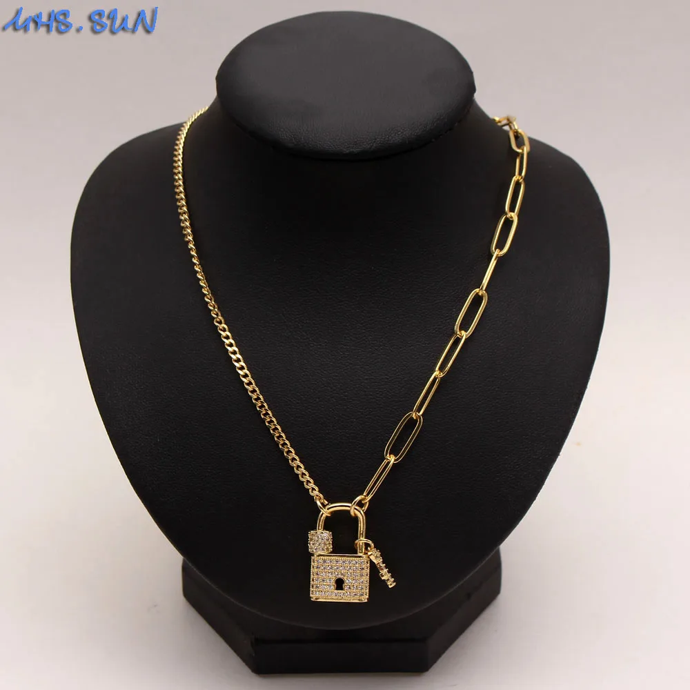SUNSLL CZ Циркон Модный замок и ключ, Медное Кубинское ожерелье с асимметричной подвеской, ювелирные изделия для женщин, подарок для вечеринки для мужчин 5