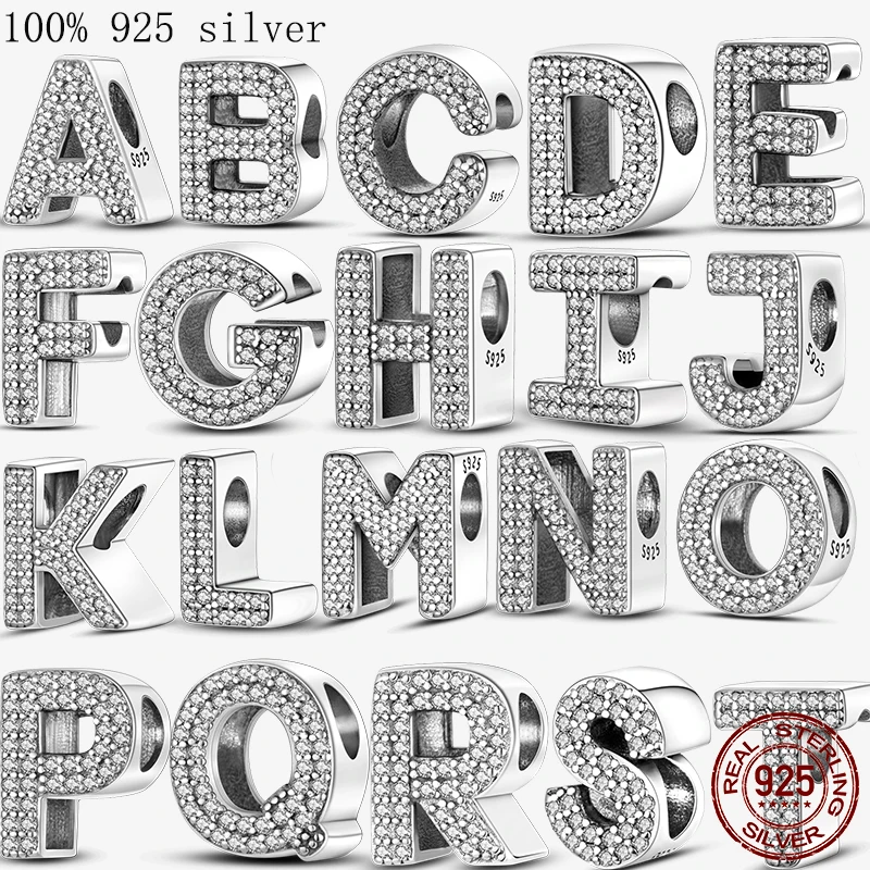 100% Настоящее серебро 925 Пробы, буква алфавита A-Z, Название Шарма, Бусина, подходят для оригинальных браслетов Pandora, аксессуары, ювелирные изделия 0