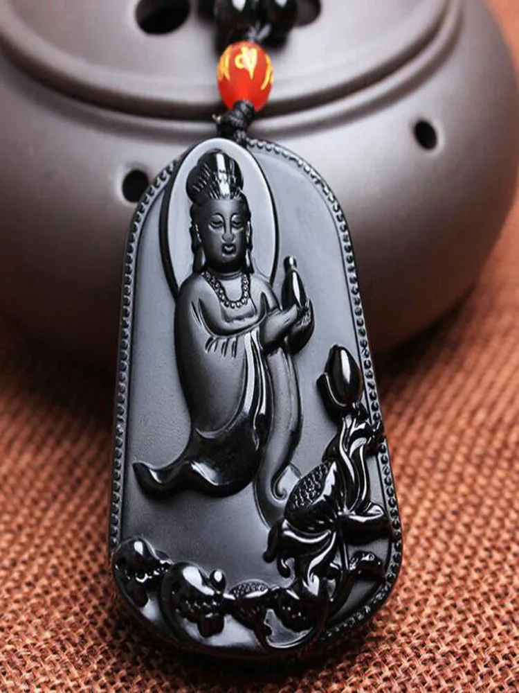 Ювелирные изделия с подвеской из натурального обсидиана Lotus Avalokitesvara, изысканные ювелирные изделия, хрустальная ваза, мужское и женское ожерелье, ювелирные изделия с подвеской 3