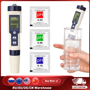 Тестер качества воды 5 в 1, Многопараметрический комбинированный измеритель PH / EC / TDS / солености / Термометр, Цифровой многофункциональный тестер