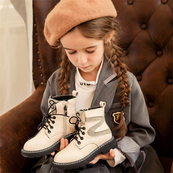 XPAY/ Детские Зимние ботинки из натуральной кожи Для девочек, Зимние ботинки из воловьей кожи, Водонепроницаемая Нескользящая Обувь с толстой хлопковой подкладкой, Размер 26-37