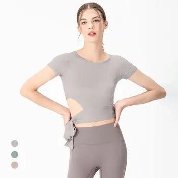 Женская спортивная футболка, летняя дышащая быстросохнущая одежда для бега с круглым вырезом, облегающий сексуальный укороченный топ для йоги.