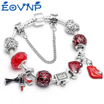 Аутентичные серебряные браслеты с подвесками из романтических бусин в виде сердечек для женщин, подходящие для пары, прекрасный браслет, подарок на День Святого Валентина