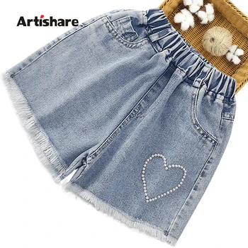 Джинсы для девочек с рисунком сердечка, короткие джинсы в повседневном стиле для девочек, летняя одежда для девочек 6, 8, 10, 12, 14 лет