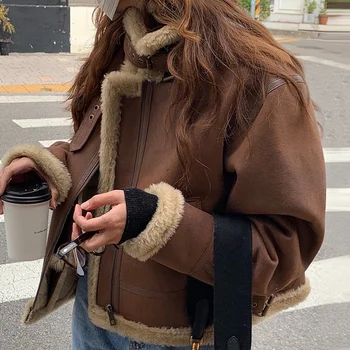 Женская куртка в корейском стиле из искусственной кожи, утепленное зимнее повседневное теплое шерстяное пальто, меховой хлопковый кардиган, верхняя одежда, уличная одежда