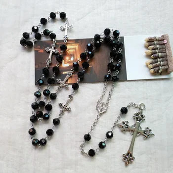 Готическое ожерелье с большим подробным распятием, ожерелье из черных хрустальных четок, Готический кулон с длинным крестом Для мужчин, женские религиозные украшения