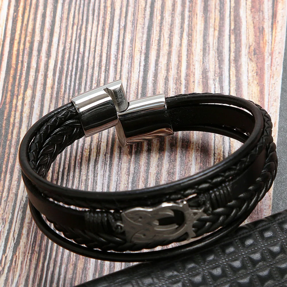 Новый модный кожаный плетеный браслет из нержавеющей стали в стиле панк, классный многослойный кожаный браслет для мужчин в подарок на день рождения 2