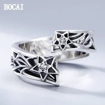 BOCAI Новое кольцо с пентаграммой из стерлингового серебра S925 пробы в стиле ретро, открывающееся индивидуально, подарок для мужчин и женщин