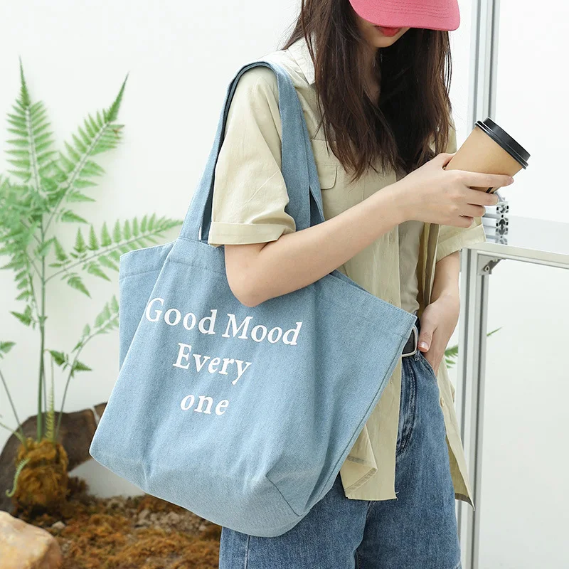Повседневная женская сумка-тоут большой емкости, джинсовая женская сумка с надписями, женская сумка через плечо, модная сумка для покупок, простая сумка 0