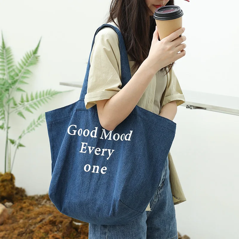 Повседневная женская сумка-тоут большой емкости, джинсовая женская сумка с надписями, женская сумка через плечо, модная сумка для покупок, простая сумка 3
