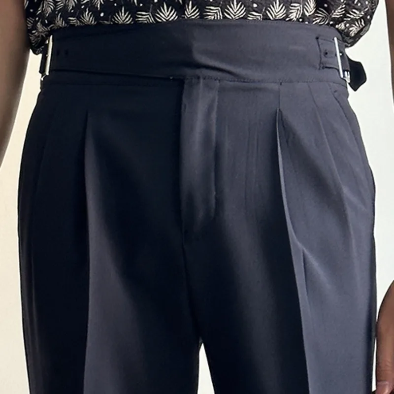2023 Модные Мужские брюки с высокой талией, прямые брюки, мужские Весенние деловые брюки с поясом, Джентльменские брюки с Парижскими пуговицами 2