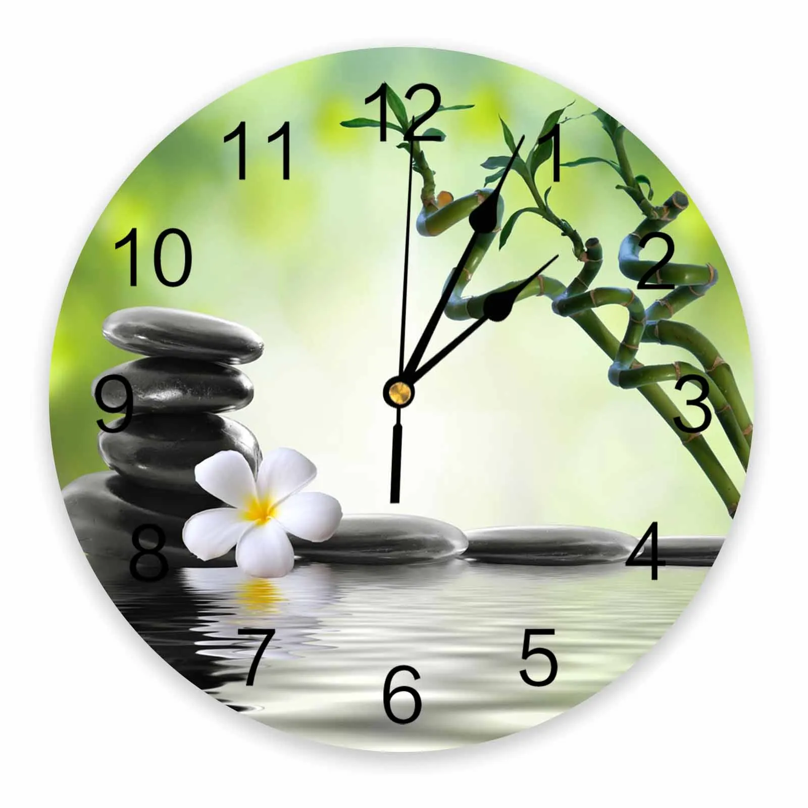 Камни орхидеи Бамбуковый цветок Дзен Зеленые Декоративные круглые настенные часы Индивидуальный дизайн, не тикающие, бесшумные спальни, большие настенные часы 0