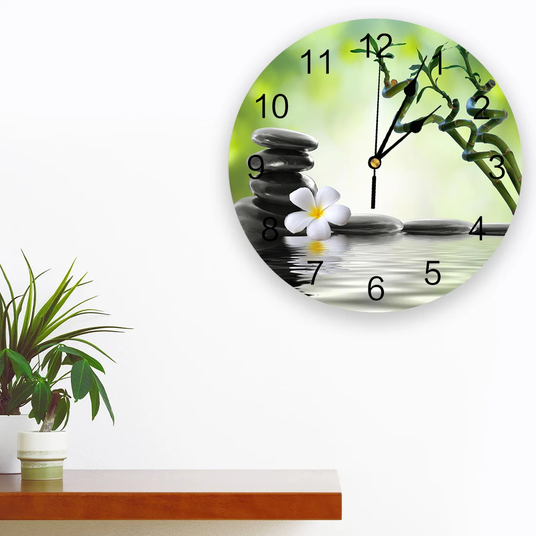 Камни орхидеи Бамбуковый цветок Дзен Зеленые Декоративные круглые настенные часы Индивидуальный дизайн, не тикающие, бесшумные спальни, большие настенные часы 2