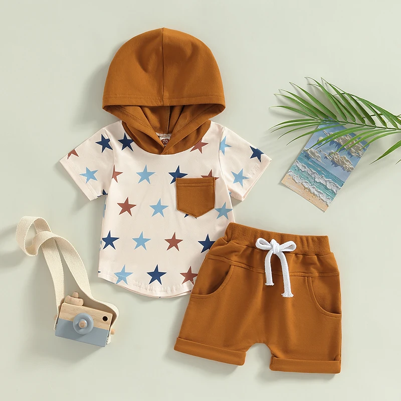 Citgeett, Летний комплект шорт для маленьких мальчиков, Футболка с капюшоном и принтом звезд, Шорты с эластичной резинкой на талии, Одежда 0