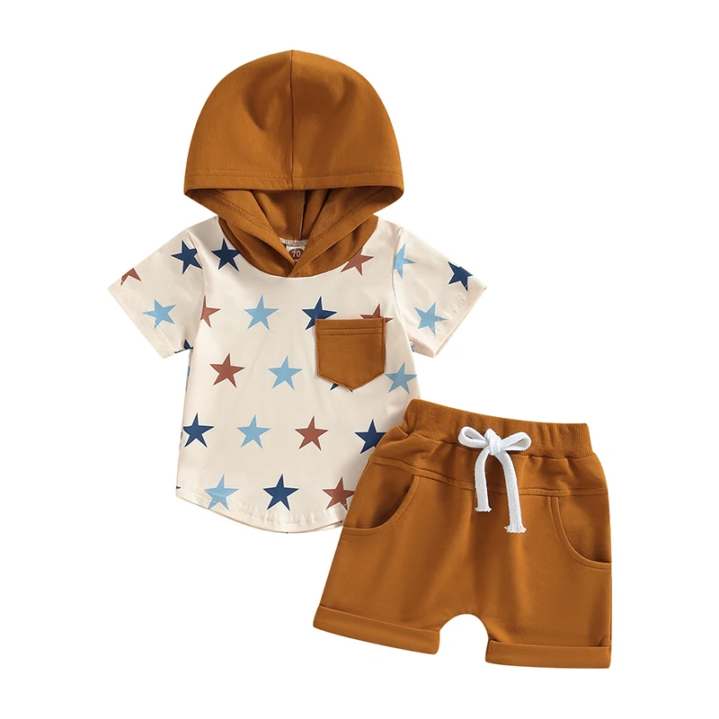 Citgeett, Летний комплект шорт для маленьких мальчиков, Футболка с капюшоном и принтом звезд, Шорты с эластичной резинкой на талии, Одежда 1