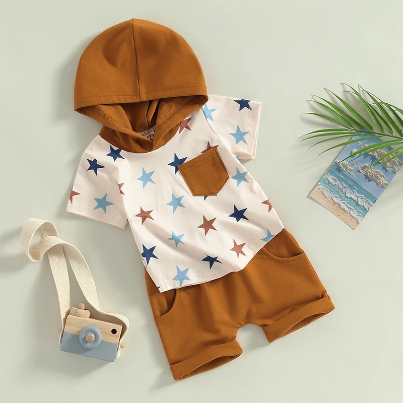 Citgeett, Летний комплект шорт для маленьких мальчиков, Футболка с капюшоном и принтом звезд, Шорты с эластичной резинкой на талии, Одежда 3