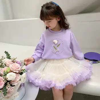 2023 Комплект одежды Sweet Girls, свитера с бисером и цветами + юбки-пачки, весна-осень, детские костюмы на День рождения из 2 предметов, детская одежда