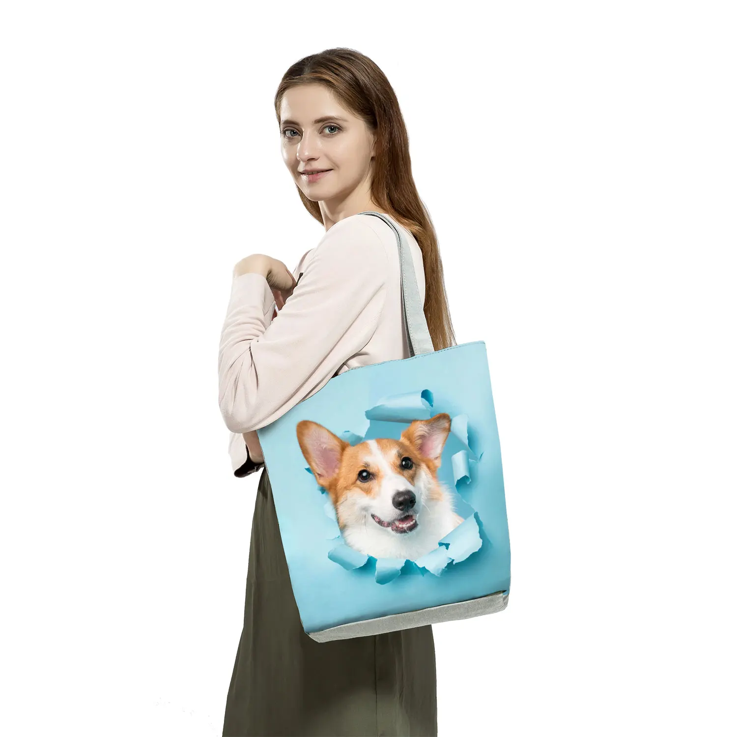 Индивидуальные сумки с принтом собаки и кошки, женские сумки-тоут большой вместимости, милые сумки для покупок в виде животных, Модные дорожные пляжные сумки 2
