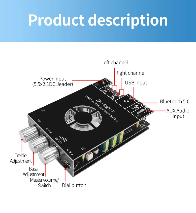 Плата Усилителя сабвуфера Bluetooth 5.0 ZK-1602T TDA7498E 2 *160 Вт 2.0-Канальный Аудио Стерео Усилитель Высокой мощности Плата басового усилителя 5