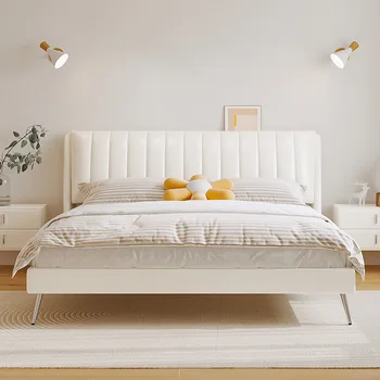 Натуральная кожа кровать скандинавский свет роскошный и минималистичный стиль интернет-знаменитостью тихий ветер крем двухместная спальня мягкая сумка