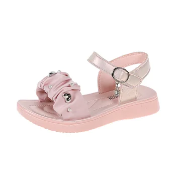 Сандалии для девочек, детская обувь из искусственной кожи, летние открытые детские пляжные сандалии на мягкой подошве, корейские модные сандалии принцессы на плоской подошве.