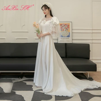 AnXin SH винтажное белое атласное розовое платье принцессы ручной работы с круглым вырезом и цветочным кружевом и длинным рукавом трапециевидной формы для невесты Антикварное свадебное платье