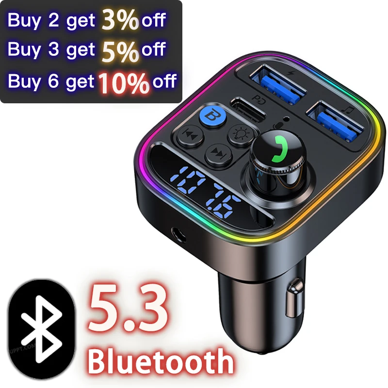 Bluetooth 5.3 FM-передатчик Беспроводной Bluetooth Type-C USB Автомобильное зарядное устройство Автомобильный адаптер AUX Радиоприемник MP3-плеер Громкая связь 0