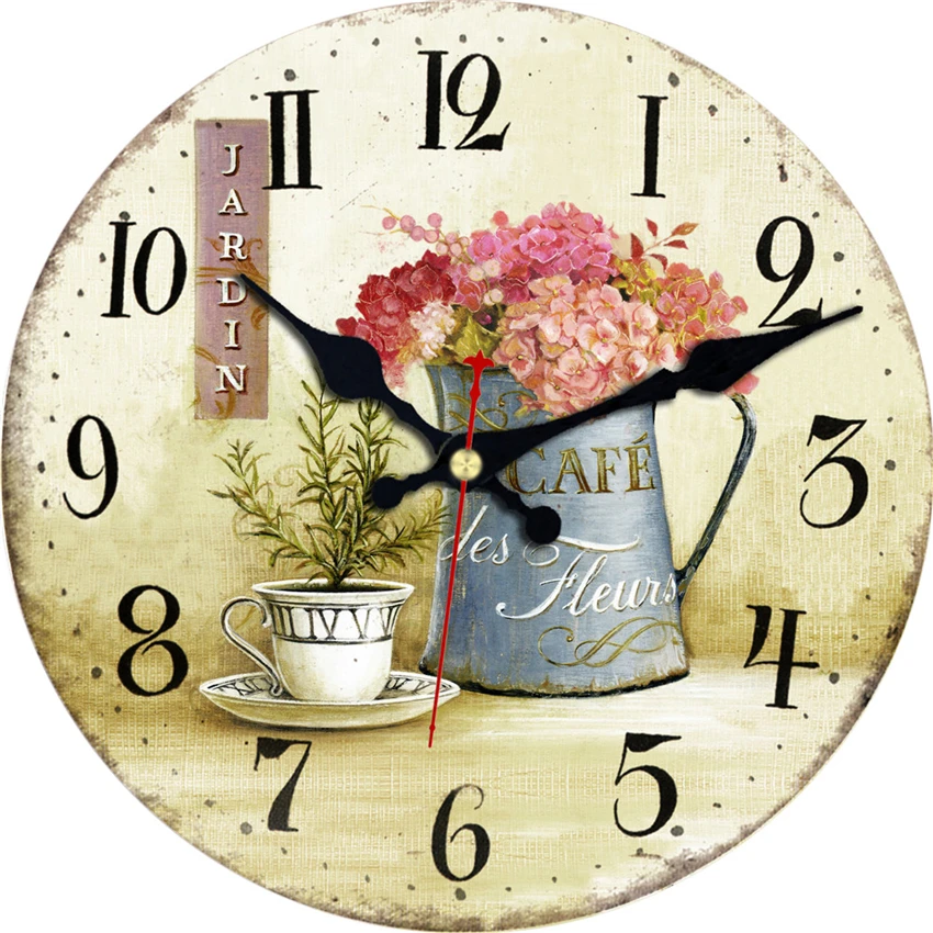 Часы для домашнего офиса Кафе Ретро Бесшумная Винтажная Ваза для цветов Деревянные настенные часы Декор для кухни Милые Круглые Классные настенные часы 0