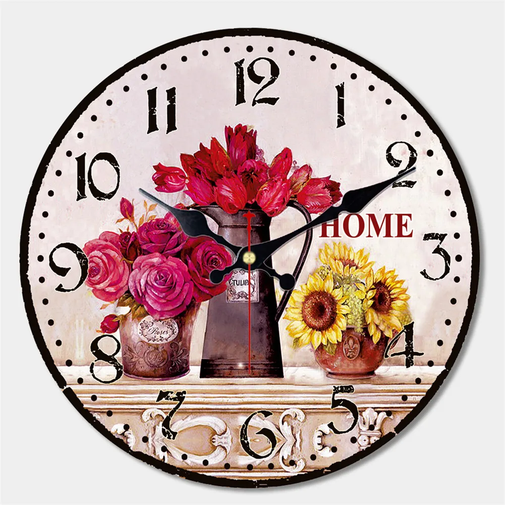 Часы для домашнего офиса Кафе Ретро Бесшумная Винтажная Ваза для цветов Деревянные настенные часы Декор для кухни Милые Круглые Классные настенные часы 1