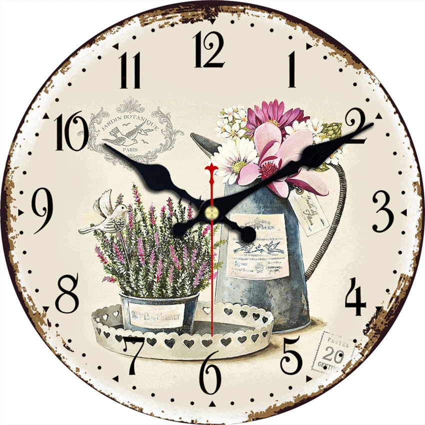 Часы для домашнего офиса Кафе Ретро Бесшумная Винтажная Ваза для цветов Деревянные настенные часы Декор для кухни Милые Круглые Классные настенные часы 2